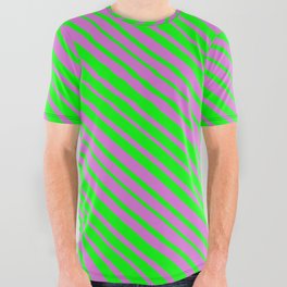[ Thumbnail: Orchid and Lime Colored Lined/Striped Pattern All Over Graphic Tee ]