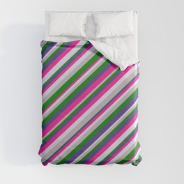 [ Thumbnail: Eye-catching Dark Slate Blue, Deep Pink, Lavender, Grey, and Green Colored Striped/Lined Pattern Duvet Cover ]