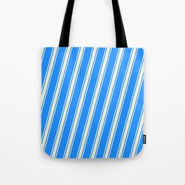 [ Thumbnail: Blue and Beige Colored Striped/Lined Pattern Tote Bag ]