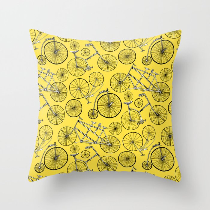 Monochrome Vintage Bicycles On Bright Yellow Throw Pillow By Monochrome Vintage Bicycles On Bright Yellow Throw Pillow