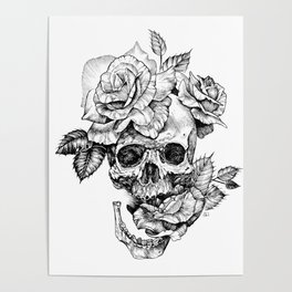 Black and White skull with roses pen drawing Poster