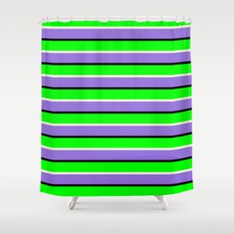[ Thumbnail: Purple, Black, Lime & Beige Colored Pattern of Stripes Shower Curtain ]