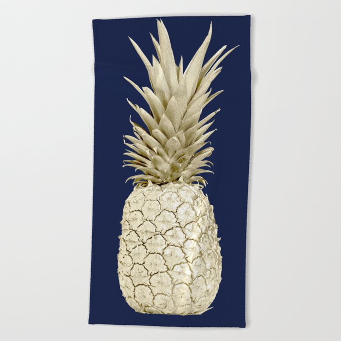 Pineapple Pineapple Gold on Navy Blue Beach Towel