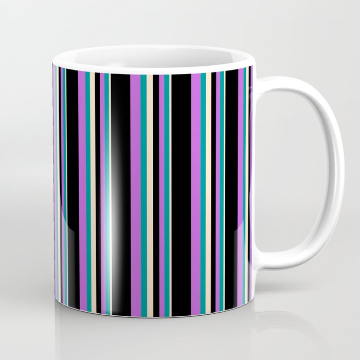 Bisque, Dark Cyan, Orchid & Black Colored Lined Pattern Coffee Mug