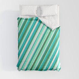 [ Thumbnail: Dark Turquoise, Sea Green, Aquamarine, and Mint Cream Colored Striped/Lined Pattern Comforter ]