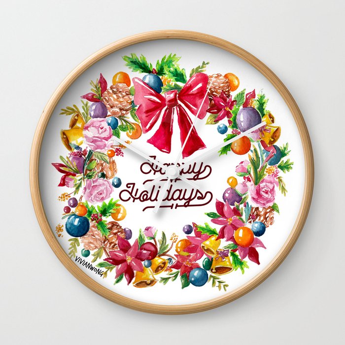 Christmas Wreath Painting Illustration Design Wall Clock By