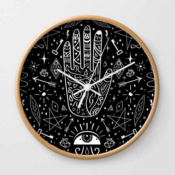 Black background occult pattern with mystical chalk signs Wall Clock