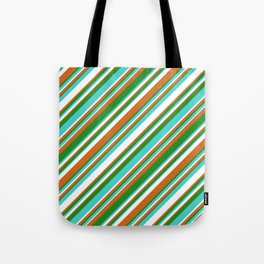 [ Thumbnail: Chocolate, Forest Green, Turquoise, and White Colored Stripes/Lines Pattern Tote Bag ]