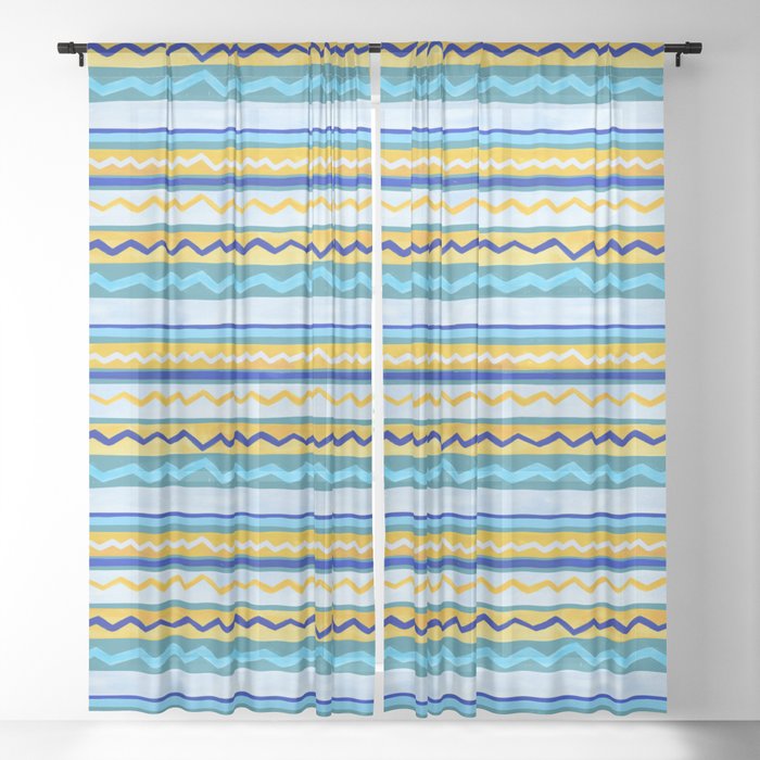 Gouache Stripe & Ricrac Pattern - Blue & Yellow Sheer Curtain