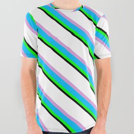 [ Thumbnail: Vibrant White, Plum, Deep Sky Blue, Lime & Black Colored Stripes Pattern All Over Graphic Tee ]
