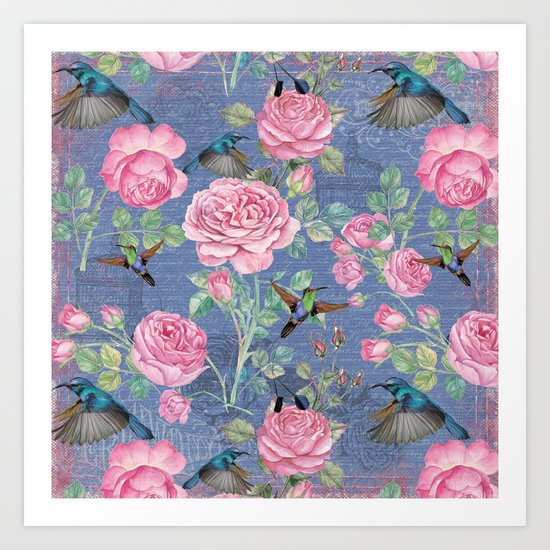 Vintage Watercolor hummingbird and English Roses on blue Background Art Print