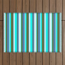 [ Thumbnail: Light Cyan, Blue, Dark Olive Green & Aqua Colored Stripes/Lines Pattern Outdoor Rug ]