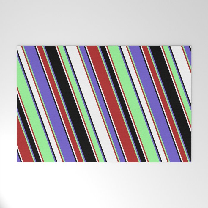 Vibrant Green, Red, White, Black & Slate Blue Colored Lined Pattern Welcome Mat