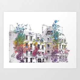 Parisian Roofs - Surrealistic Post Apocalyptic Watercolor Painting Art Print