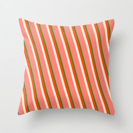 [ Thumbnail: Forest Green, Red, Beige, and Salmon Colored Lined/Striped Pattern Throw Pillow ]