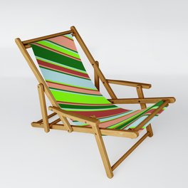 [ Thumbnail: Vibrant Powder Blue, Chartreuse, Brown, Dark Salmon & Dark Green Colored Lined/Striped Pattern Sling Chair ]