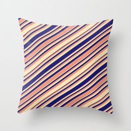 [ Thumbnail: Dark Salmon, Beige, and Midnight Blue Colored Pattern of Stripes Throw Pillow ]