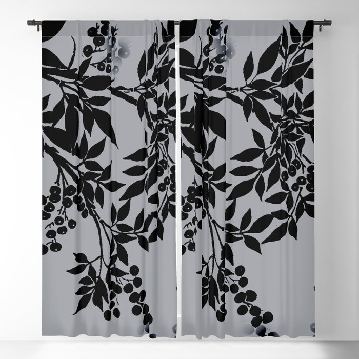 Tree Branches Black And Gray Leaves And Berries Blackout Curtain