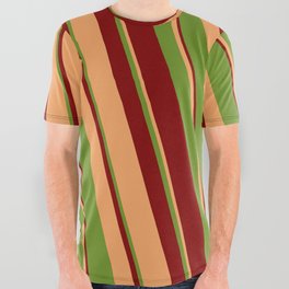 [ Thumbnail: Brown, Green & Maroon Colored Striped/Lined Pattern All Over Graphic Tee ]