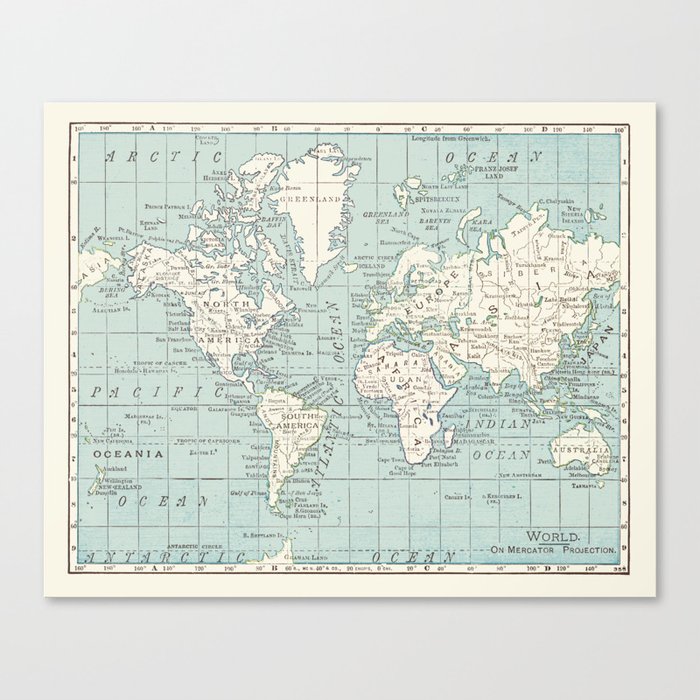World Map in Blue and Cream Canvas Print