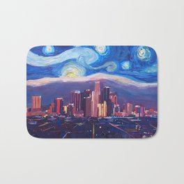 Starry Night in Los Angeles - Van Gogh Inspirations with Skyline and Mountains Bath Mat | Starrynight, Angelesnight, Usa, Downtownla, Starrynightangeles, Losangelesskyline, Vangoghstars, Losangeles, Vangoghskyline, La 