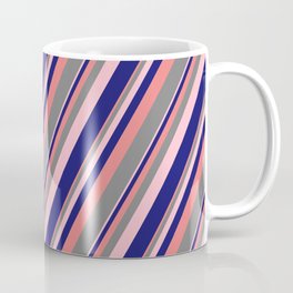 [ Thumbnail: Light Coral, Gray, Pink & Midnight Blue Colored Stripes Pattern Coffee Mug ]