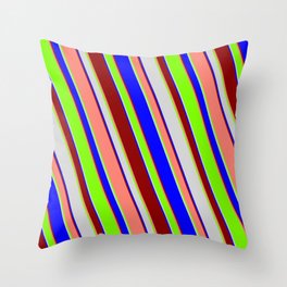 [ Thumbnail: Eyecatching Light Gray, Blue, Dark Red, Salmon & Green Colored Lines Pattern Throw Pillow ]