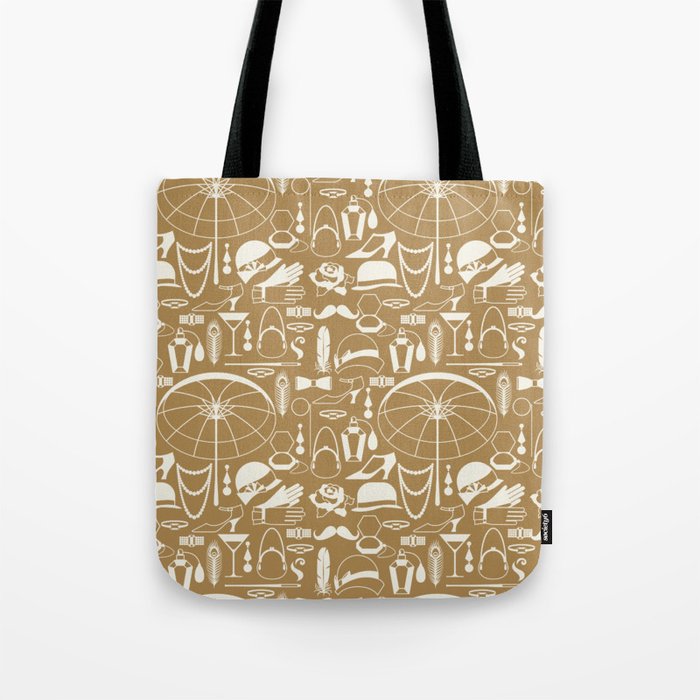 White Old-Fashioned 1920s Vintage Pattern on Gold Brown Tote Bag
