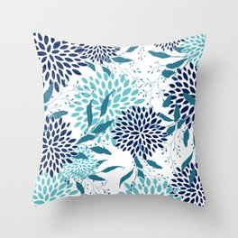 Floral Leaves and Blooms, Navy, Teal and White Throw Pillow