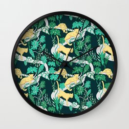 Wild cats with tropical Monstera  plants / green and gold Wall Clock