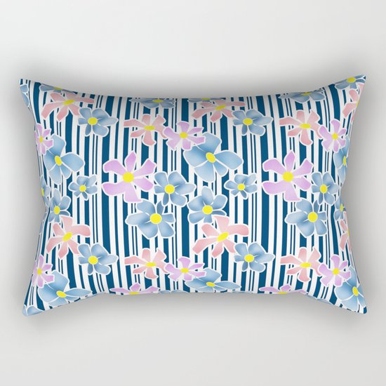 The floral pattern on striped background . Blue and pink flowers . Rectangular Pillow