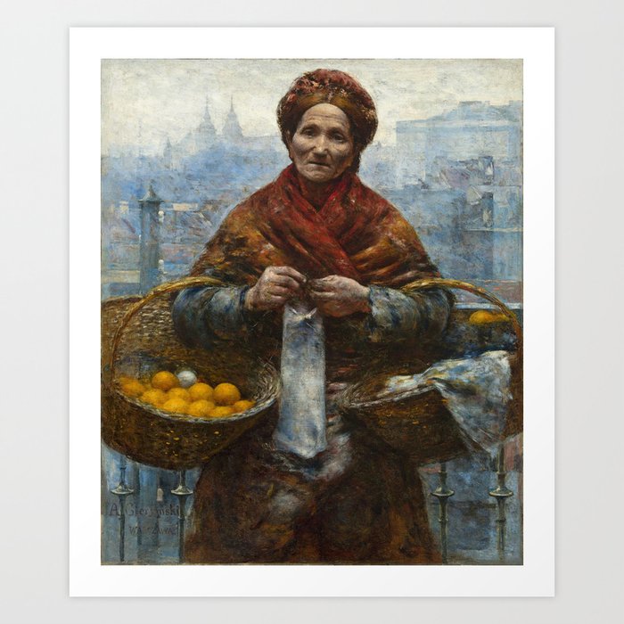 Polish Masterpiece 'Jewish Woman selling Oranges'  background cityscape skyline of Warsaw as seen from Praga (the towers of Warsaw's Holy Spirit Church) portrait painting by Aleksander Giermski Art Print