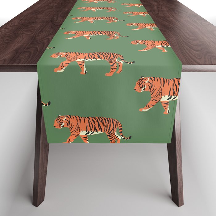 orange tiger on green Table Runner