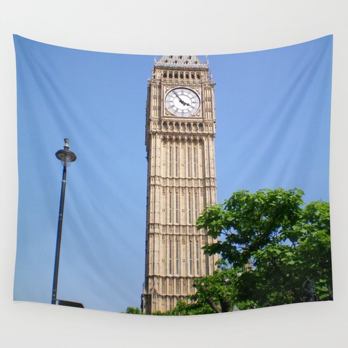 Great Britain Photography - Big Ben By A Green Tree Wall Tapestry