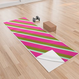 [ Thumbnail: Deep Pink, Green, Aquamarine, and Light Yellow Colored Lined/Striped Pattern Yoga Towel ]