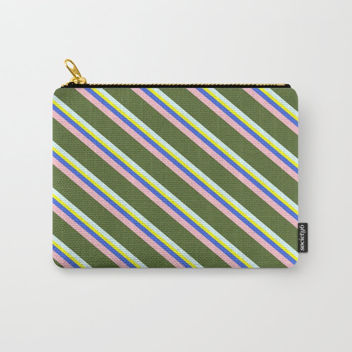 Colorful Yellow, Royal Blue, Pink, Dark Olive Green, and Light Cyan Colored Lined/Striped Pattern Carry-All Pouch