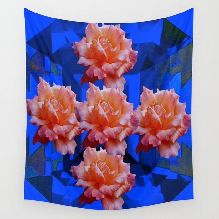 Decorative Old Roses On Sapphire Blue Abstract Field Wall Tapestry