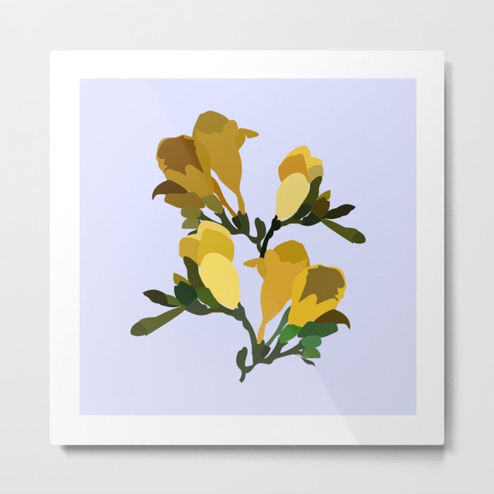 Freesias - Yellow Minimalistic Flower Art Pattern on Blue Metal Print