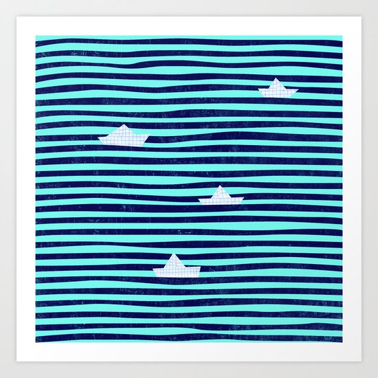 Origami boat on the blue sea Art Print
