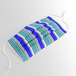 [ Thumbnail: Blue, Tan, Light Sea Green, and White Colored Striped Pattern Face Mask ]