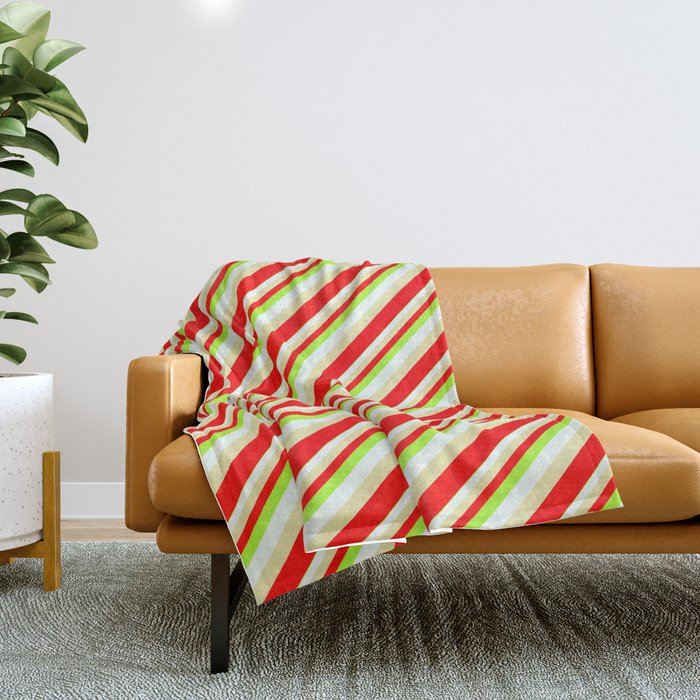 Light Green, Mint Cream, Pale Goldenrod & Red Colored Stripes/Lines Pattern Throw Blanket