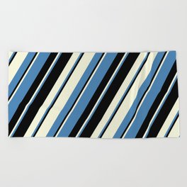 [ Thumbnail: Beige, Blue & Black Colored Pattern of Stripes Beach Towel ]