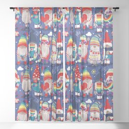 I gnome you // electric blue background little happy and lovely gnomes with rainbows vivid red hearts Sheer Curtain
