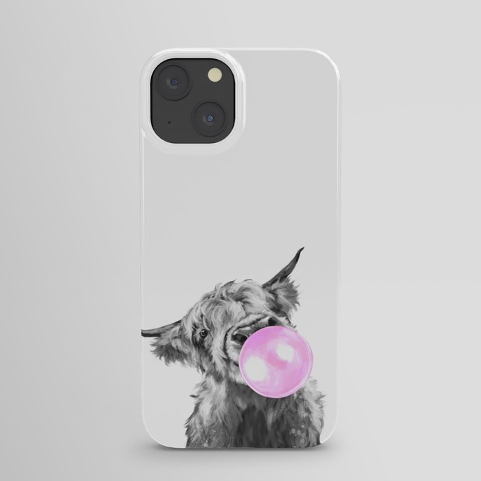 Bubble Gum Highland Cow Black and White iPhone Case