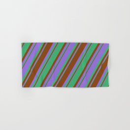 [ Thumbnail: Purple, Sea Green & Brown Colored Lined/Striped Pattern Hand & Bath Towel ]