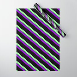 [ Thumbnail: Colorful Light Green, Dark Slate Gray, Dark Violet, Black, and Light Cyan Colored Stripes Pattern Wrapping Paper ]