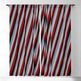 [ Thumbnail: Slate Gray, Dark Gray, Dark Red & Black Colored Stripes Pattern Blackout Curtain ]