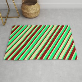 [ Thumbnail: Green, Dark Red & Pale Goldenrod Colored Stripes Pattern Rug ]