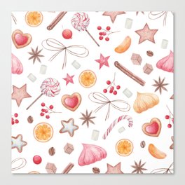 Watercolor Christmas Pattern - White Background Canvas Print