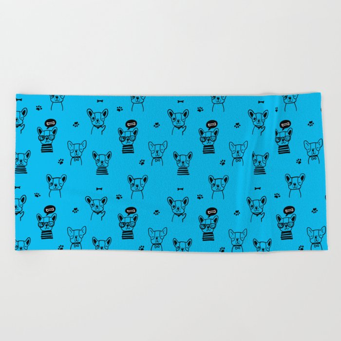 Turquoise and Black Hand Drawn Dog Puppy Pattern Beach Towel